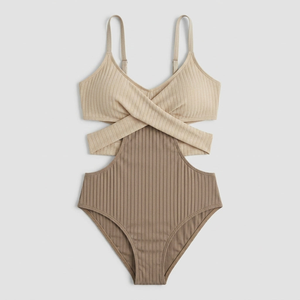 Femme Maillot de Bain Une Pièce Côtelé à Découpes et Bandes Croisées | imported-image-4