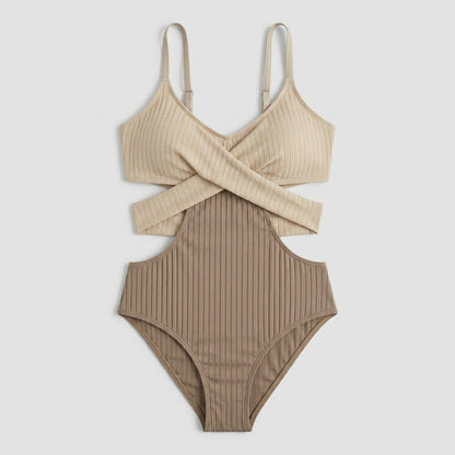 Femme Maillot de Bain Une Pièce Côtelé à Découpes et Bandes Croisées | imported-image-4