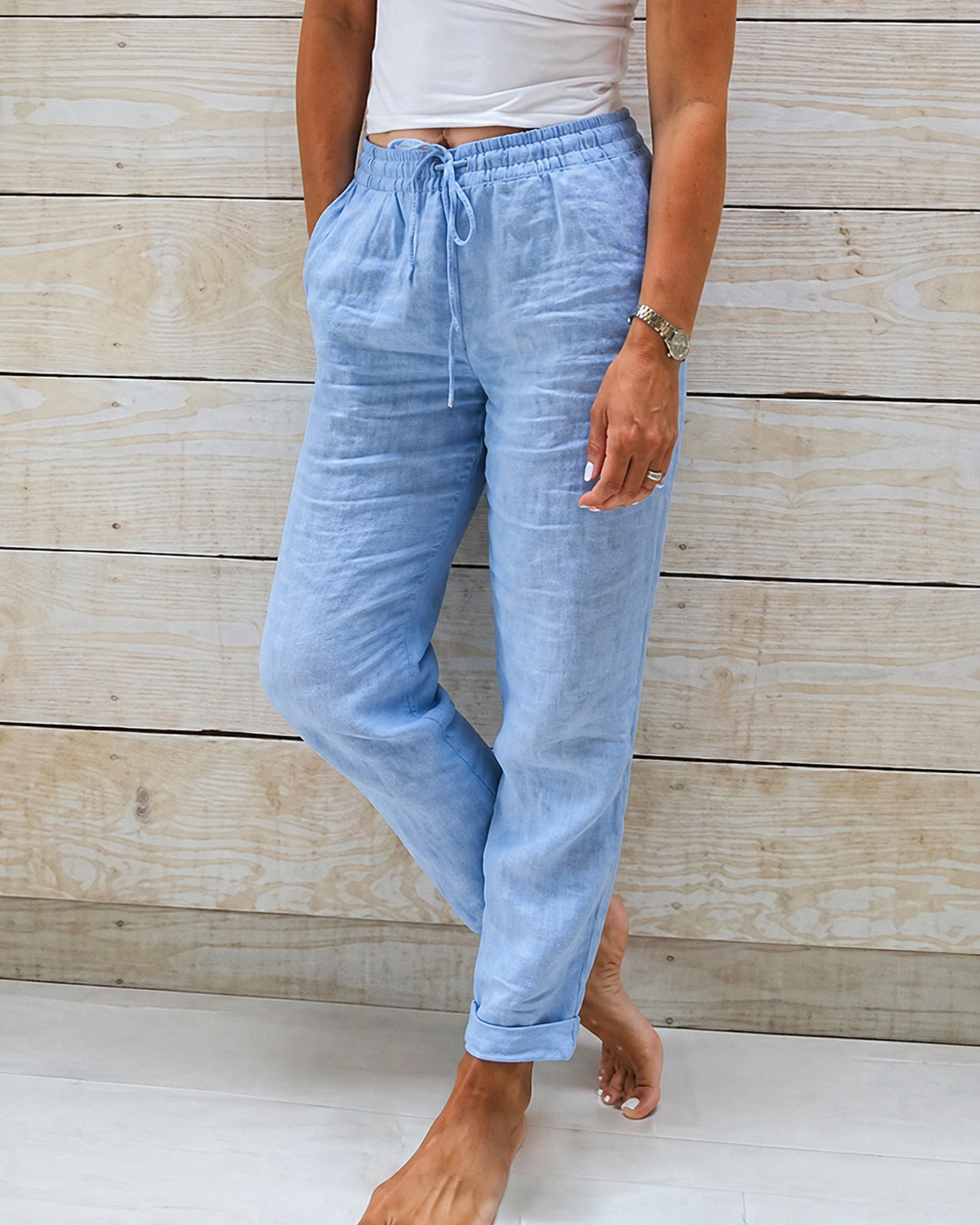 Femme Pantalon à jambe droite avec taille élastique et cordon de serrage-Pants Female-Gigié
