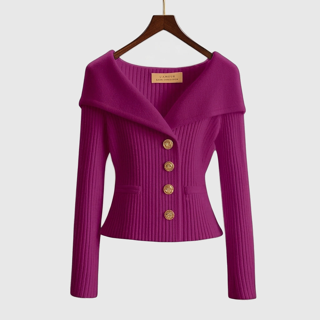 Femme Pull à Col Large et Boutons Métalliques en Maille Côtelée Violet