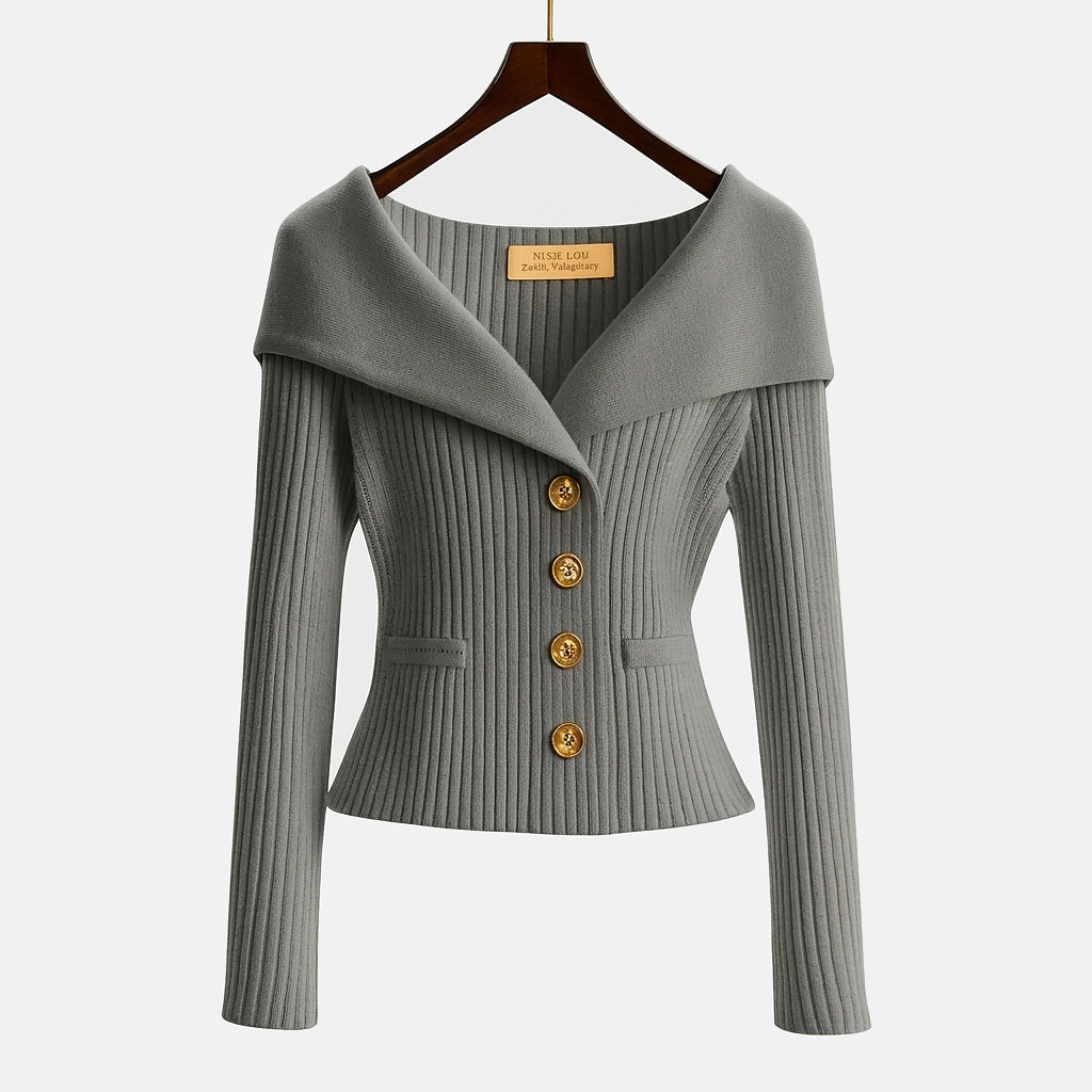 Femme Pull à Col Large et Boutons Métalliques en Maille Côtelée Gris
