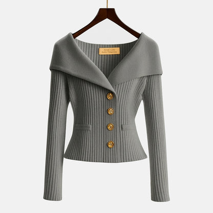 Femme Pull à Col Large et Boutons Métalliques en Maille Côtelée Gris