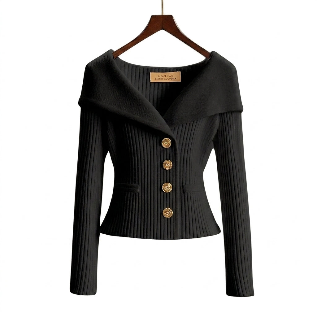 Femme Pull à Col Large et Boutons Métalliques en Maille Côtelée Noir