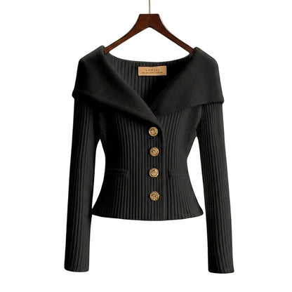 Femme Pull à Col Large et Boutons Métalliques en Maille Côtelée Noir