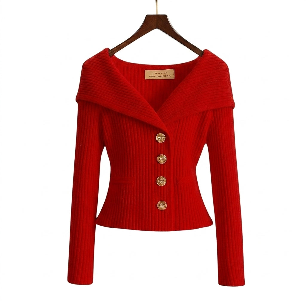 Femme Pull à Col Large et Boutons Métalliques en Maille Côtelée Rouge