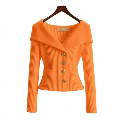 Femme Pull à Col Large et Boutons Métalliques en Maille Côtelée Orange