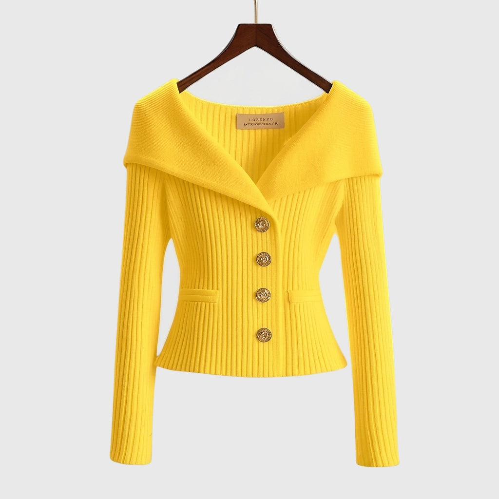 Femme Pull à Col Large et Boutons Métalliques en Maille Côtelée Jaune