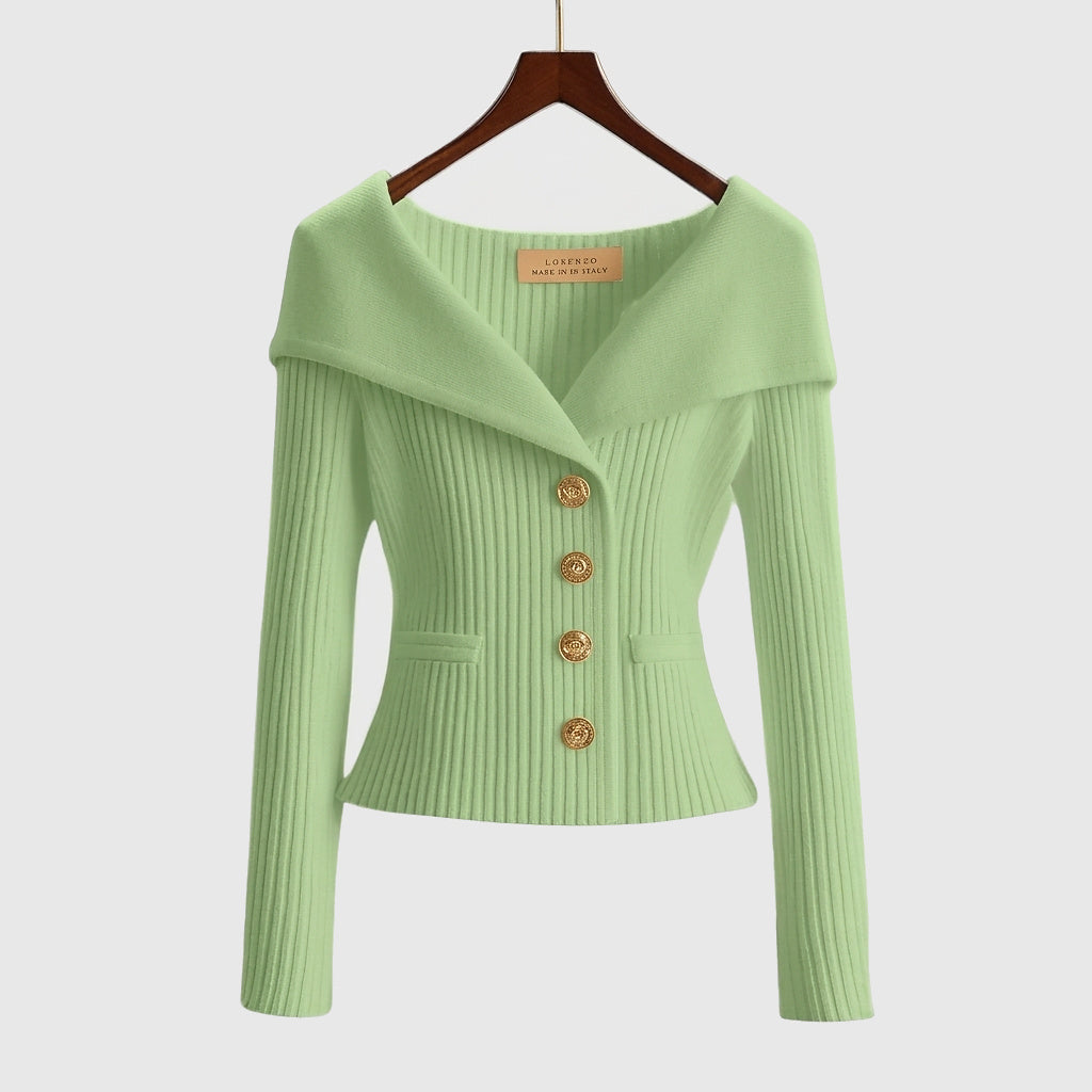 Femme Pull à Col Large et Boutons Métalliques en Maille Côtelée Vert