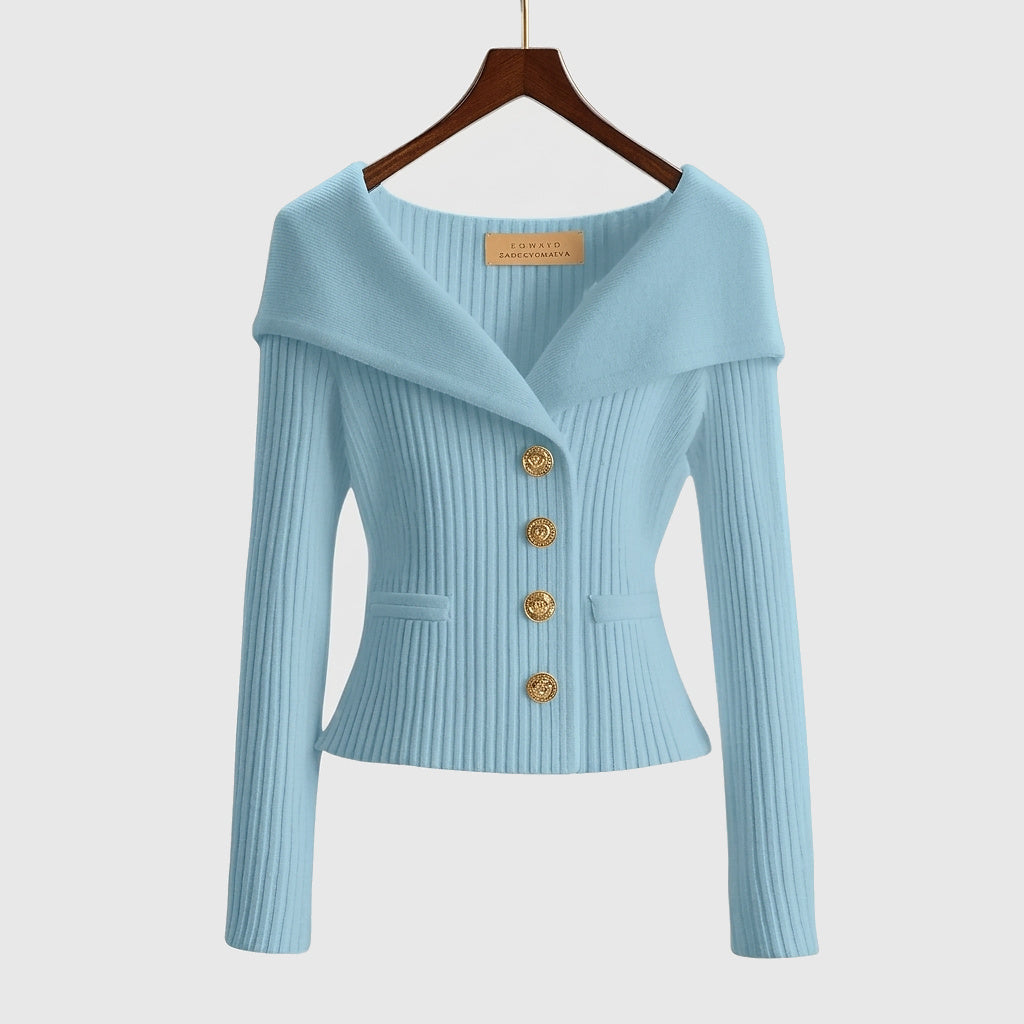 Femme Pull à Col Large et Boutons Métalliques en Maille Côtelée Bleu