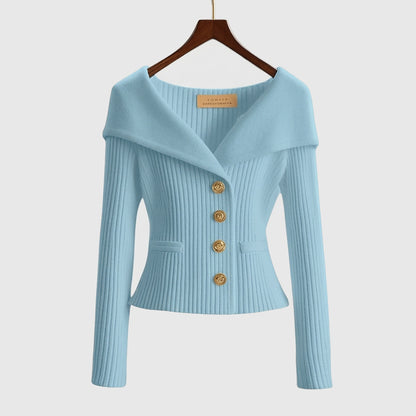 Femme Pull à Col Large et Boutons Métalliques en Maille Côtelée Bleu
