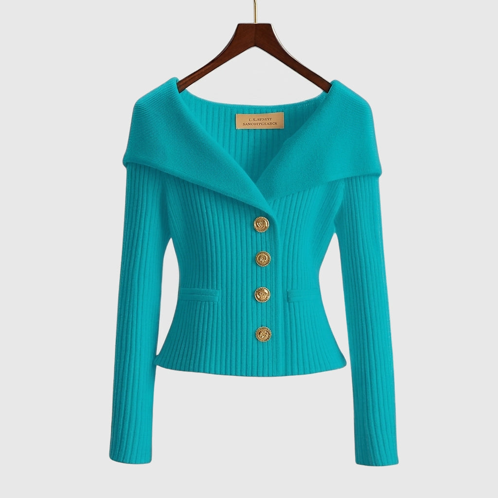 Femme Pull à Col Large et Boutons Métalliques en Maille Côtelée Bleu Ciel