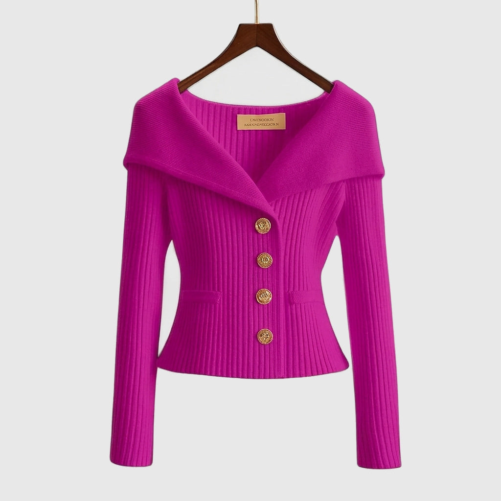 Femme Pull à Col Large et Boutons Métalliques en Maille Côtelée Rose