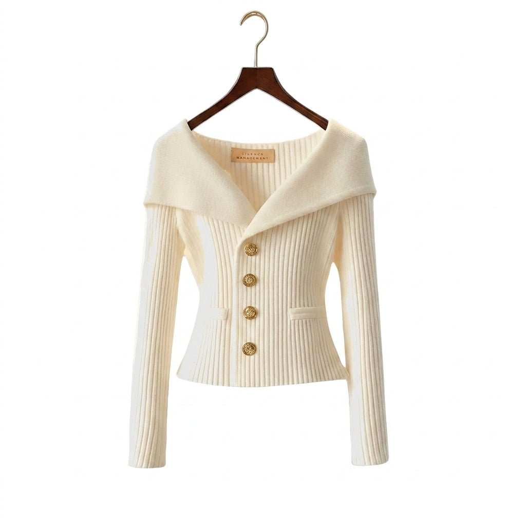 Femme Pull à Col Large et Boutons Métalliques en Maille Côtelée Blanc