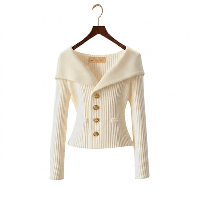 Femme Pull à Col Large et Boutons Métalliques en Maille Côtelée Blanc