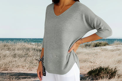 Femme pull en maille avec col en V et manches courtes-Womens Sweater-Gigié