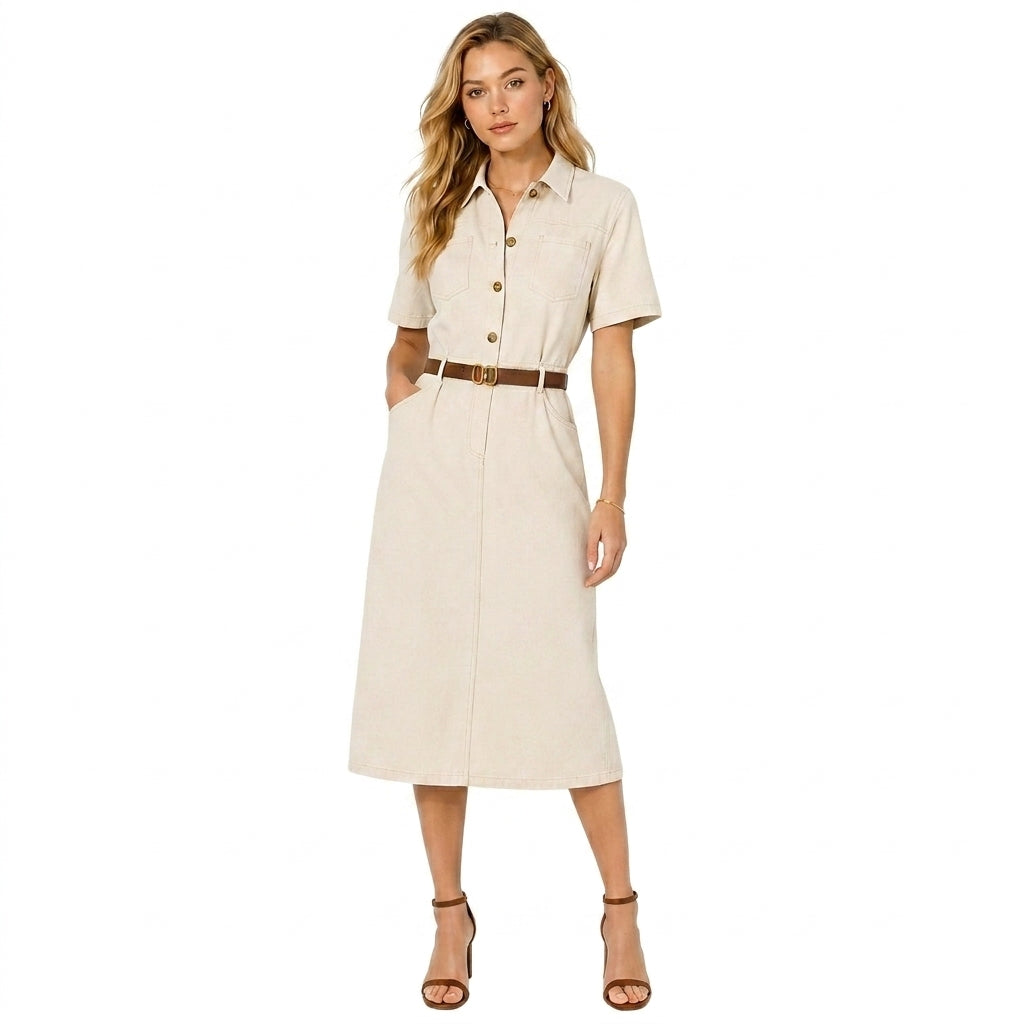Femme Robe chemise midi manches courtes poches poitrine ceinture 1