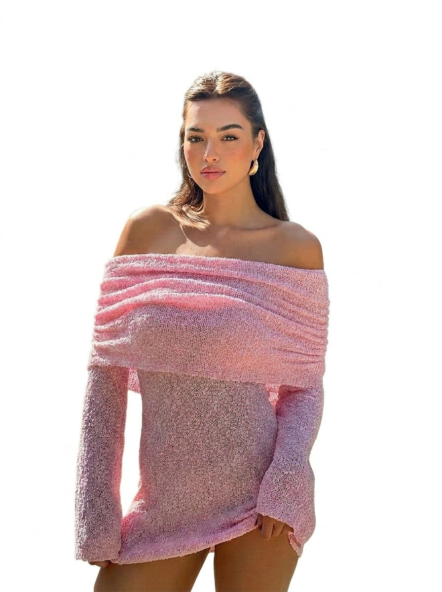 Femme robe courte à encolure bardot drapée et manches longues Rose Clair