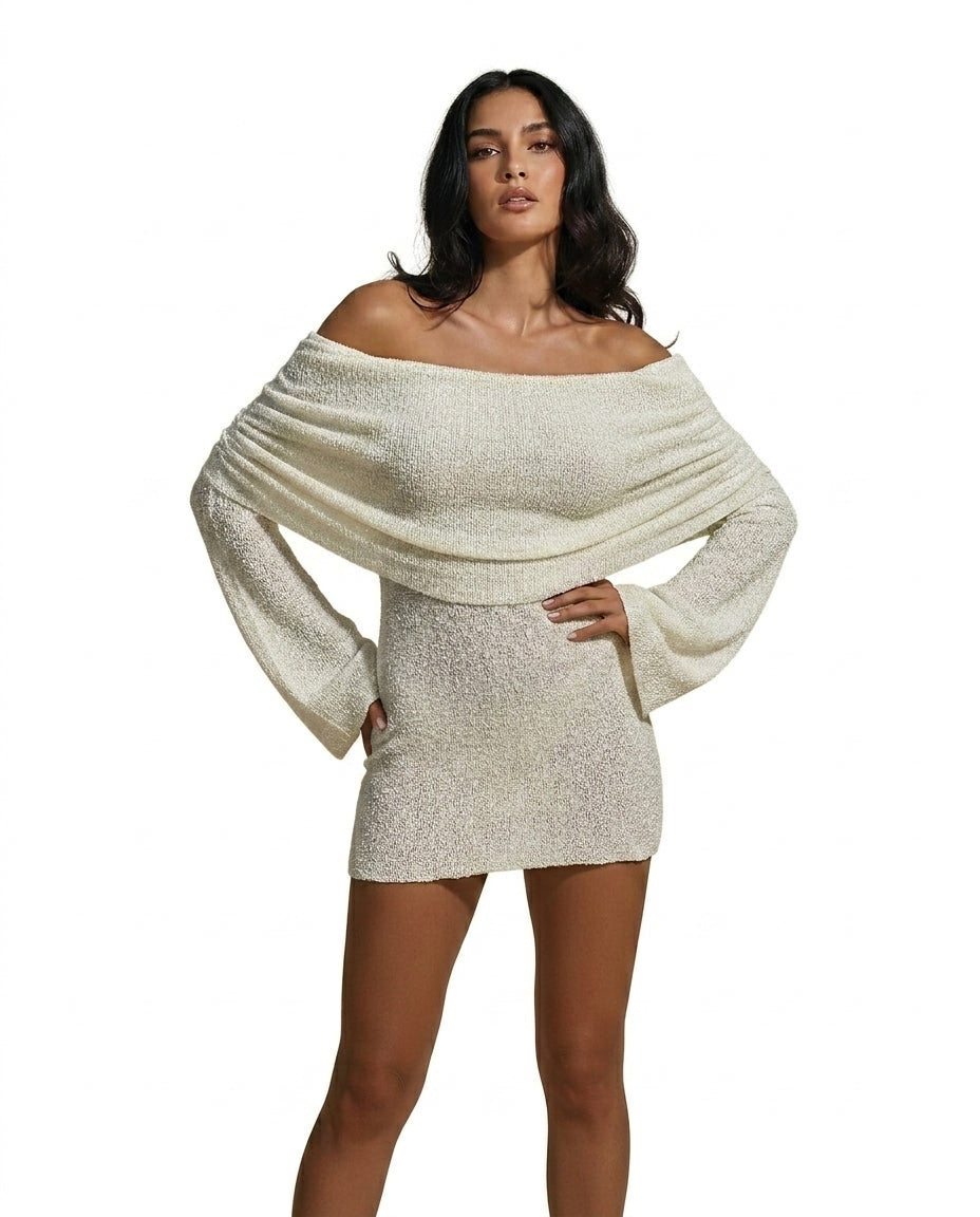 Femme robe courte à encolure bardot drapée et manches longues Blanc