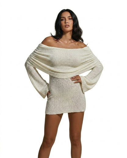 Femme robe courte à encolure bardot drapée et manches longues Blanc