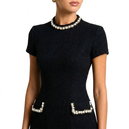 Femme Robe Courte à Manches Courtes avec Bordure en Perles et Poches 2
