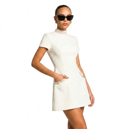 Femme Robe Courte à Manches Courtes avec Bordure en Perles et Poches 3