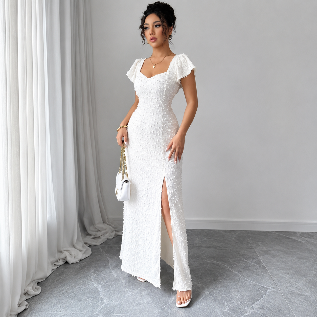 Femme Robe Maxi Texturée avec Fente Frontale-Maxi Dress-Gigié