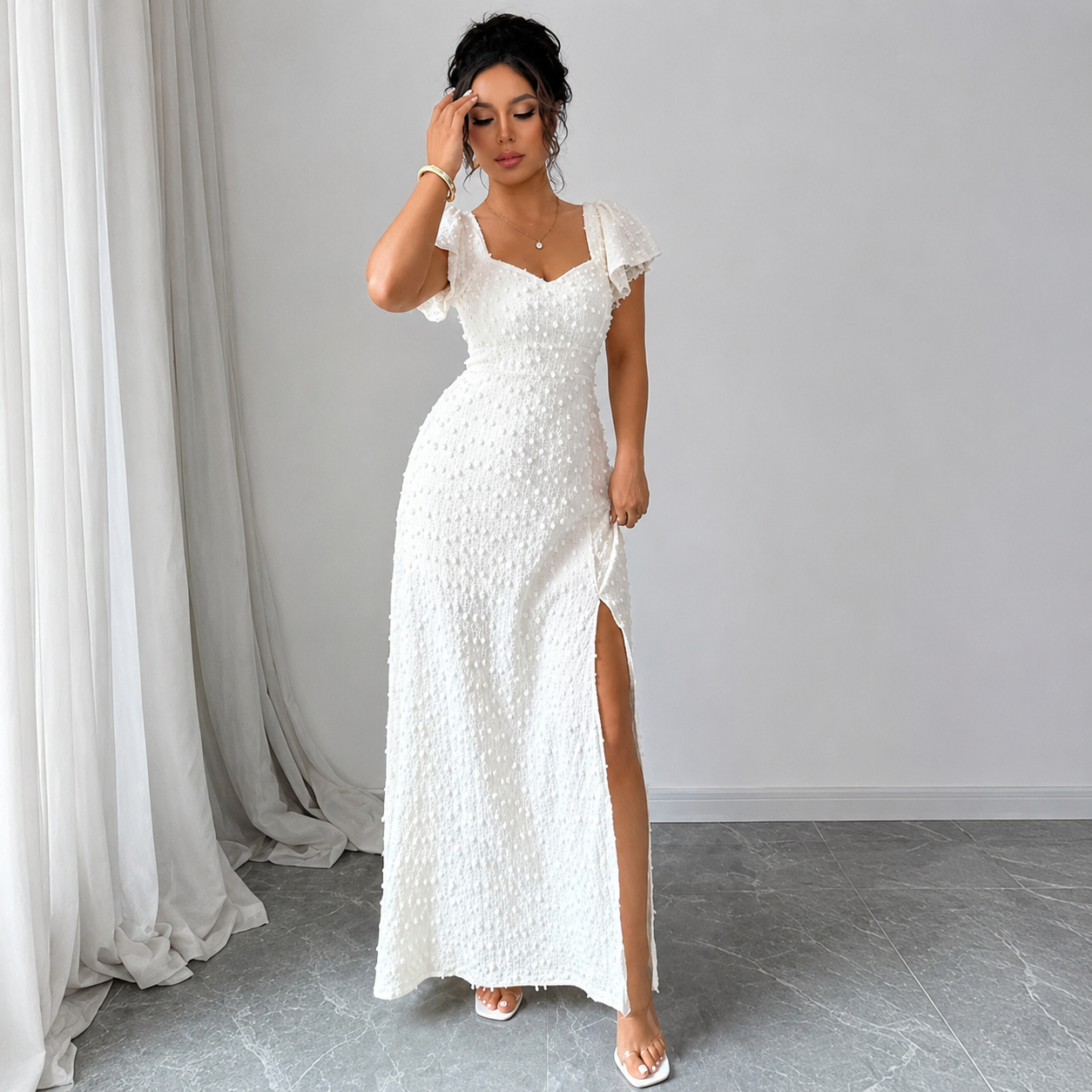 Femme Robe Maxi Texturée avec Fente Frontale-Maxi Dress-Gigié