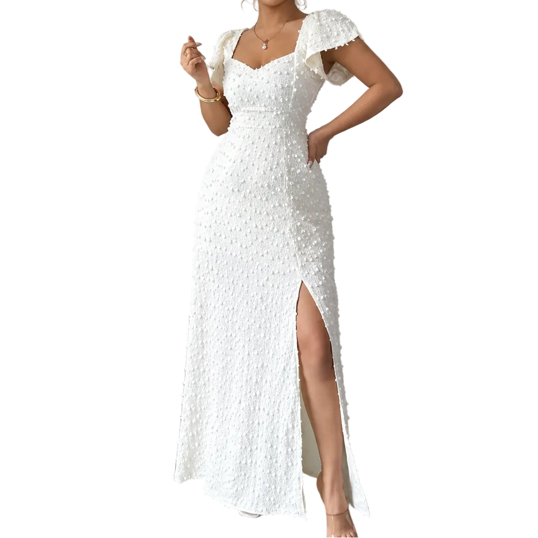 Femme Robe Maxi Texturée avec Fente Frontale-Maxi Dress-Gigié