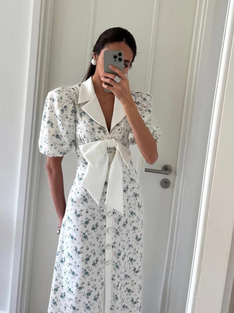 Femme, Robe mi-longue à motif floral avec manches bouffantes et nœud | imported-image-4