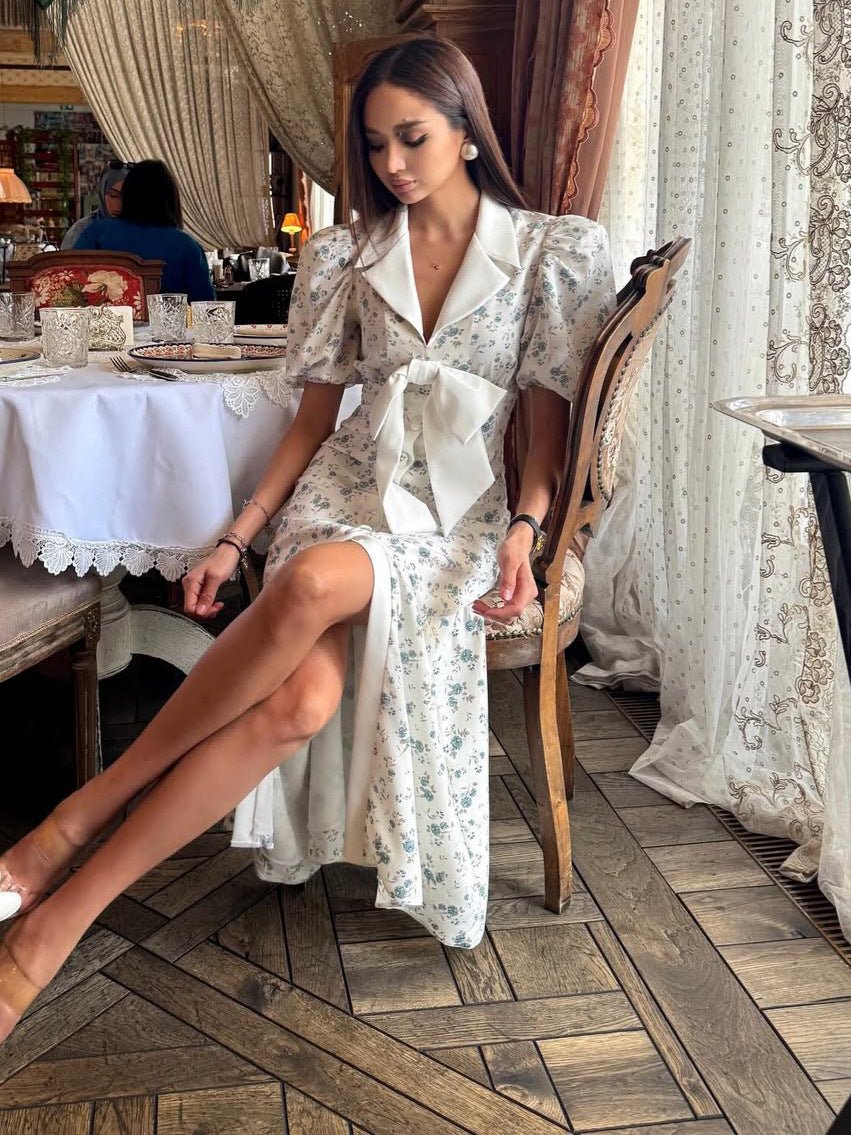 Femme, Robe mi-longue à motif floral avec manches bouffantes et nœud | imported-image-5