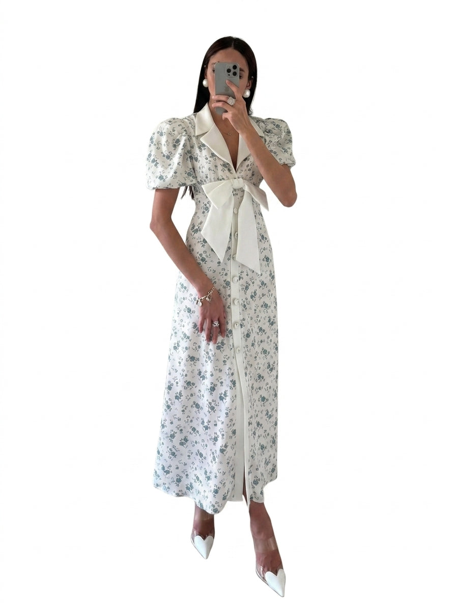 Femme, Robe mi-longue à motif floral avec manches bouffantes et nœud | imported-image-1