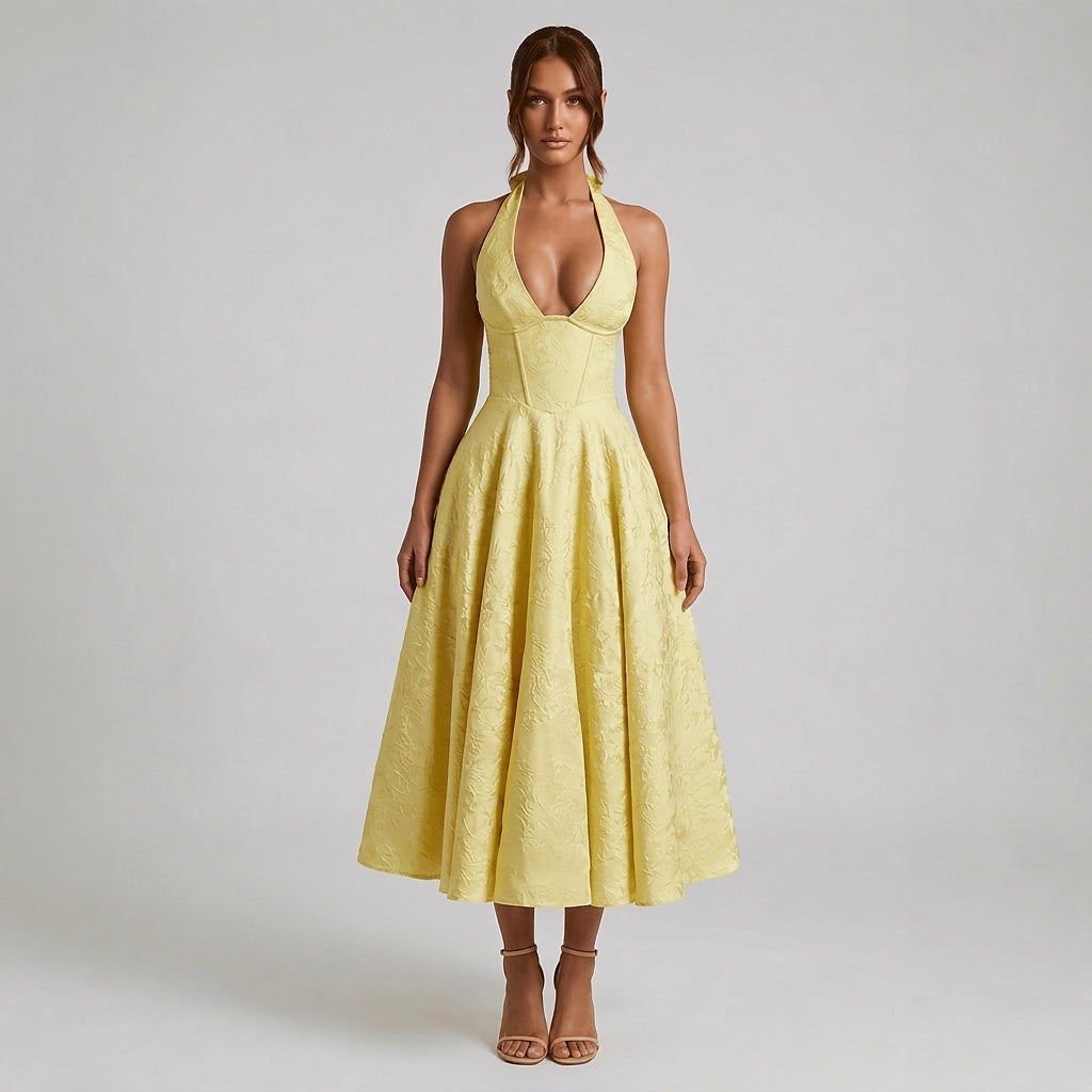 Femme Robe mi longue encolure licou et corsage structuré avec motif texturé Jaune