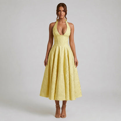Femme Robe mi longue encolure licou et corsage structuré avec motif texturé Jaune