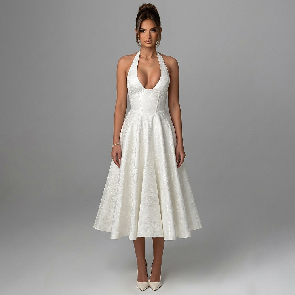 Femme Robe mi longue encolure licou et corsage structuré avec motif texturé Blanc