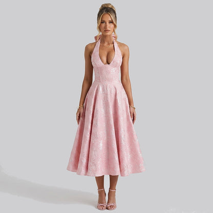 Femme Robe mi longue encolure licou et corsage structuré avec motif texturé Rose