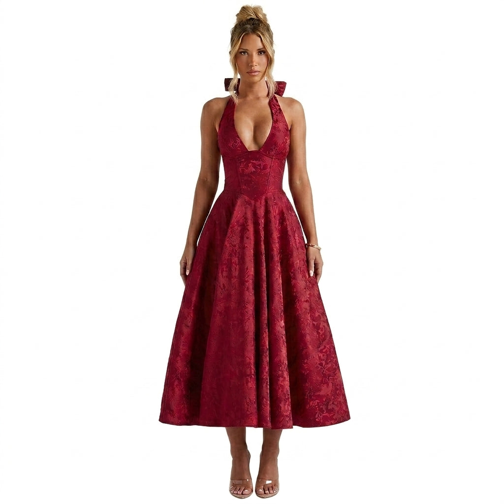 Femme Robe mi longue encolure licou et corsage structuré avec motif texturé Rouge