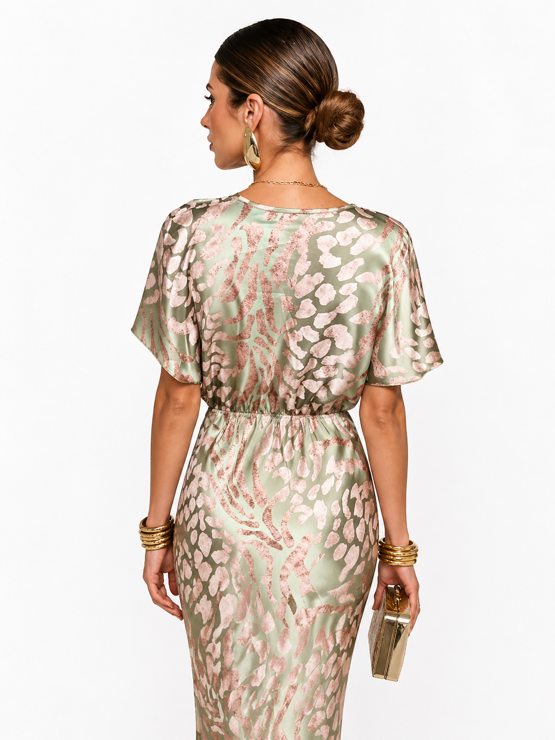 Femme Robe midi avec encolure en V, manches courtes et nœud à la taille-Midi Dress-Gigié