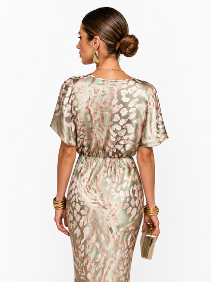 Femme Robe midi avec encolure en V, manches courtes et nœud à la taille-Midi Dress-Gigié