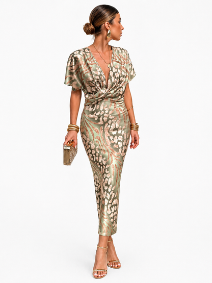 Femme Robe midi avec encolure en V, manches courtes et nœud à la taille-Midi Dress-Gigié
