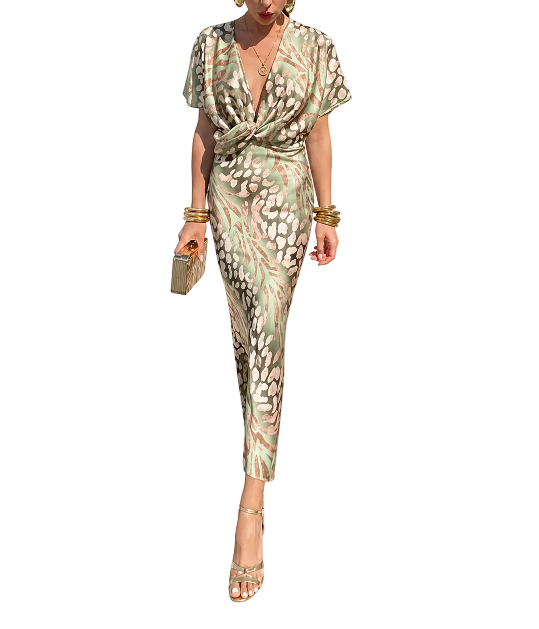 Femme Robe midi avec encolure en V, manches courtes et nœud à la taille-Midi Dress-Gigié