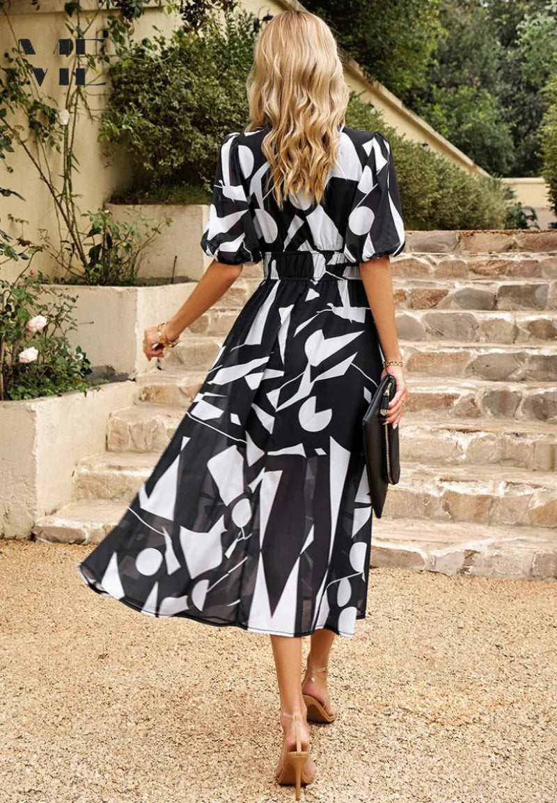 Robe Femme Portefeuille Midi Imprimé Abstrait-Gigié