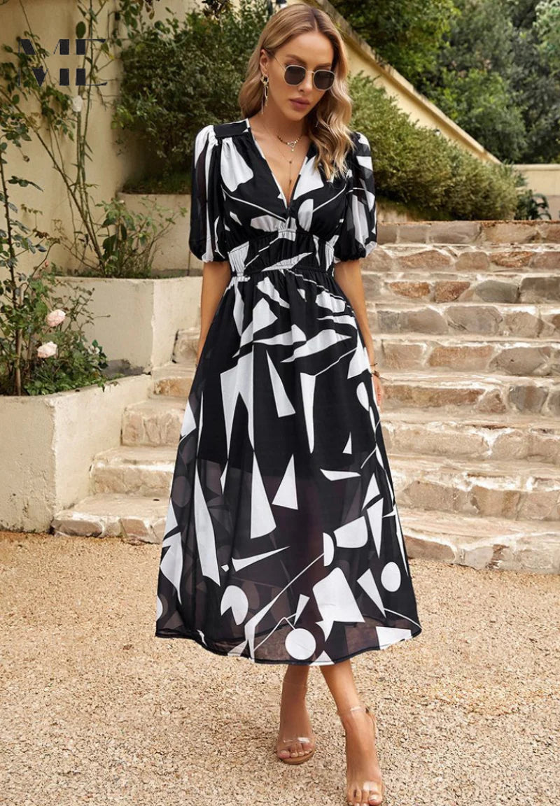 Robe Femme Portefeuille Midi Imprimé Abstrait-Gigié