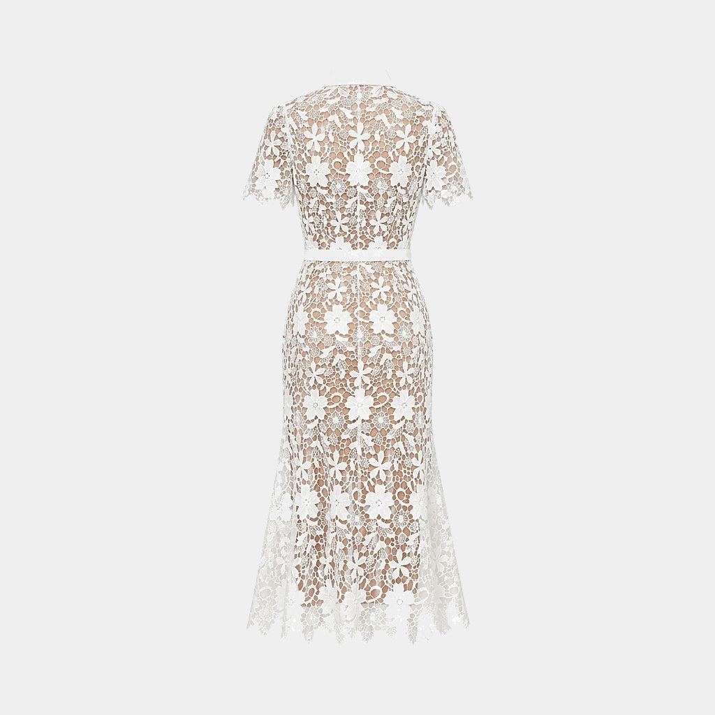 Femme Robe Midi Dentelle Florale Manches Courtes Ceinture Poches 8
