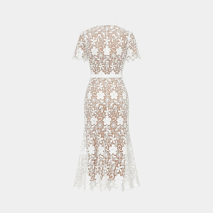 Femme Robe Midi Dentelle Florale Manches Courtes Ceinture Poches 8