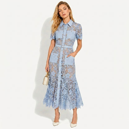 Femme Robe Midi Dentelle Florale Manches Courtes Ceinture Poches Bleu