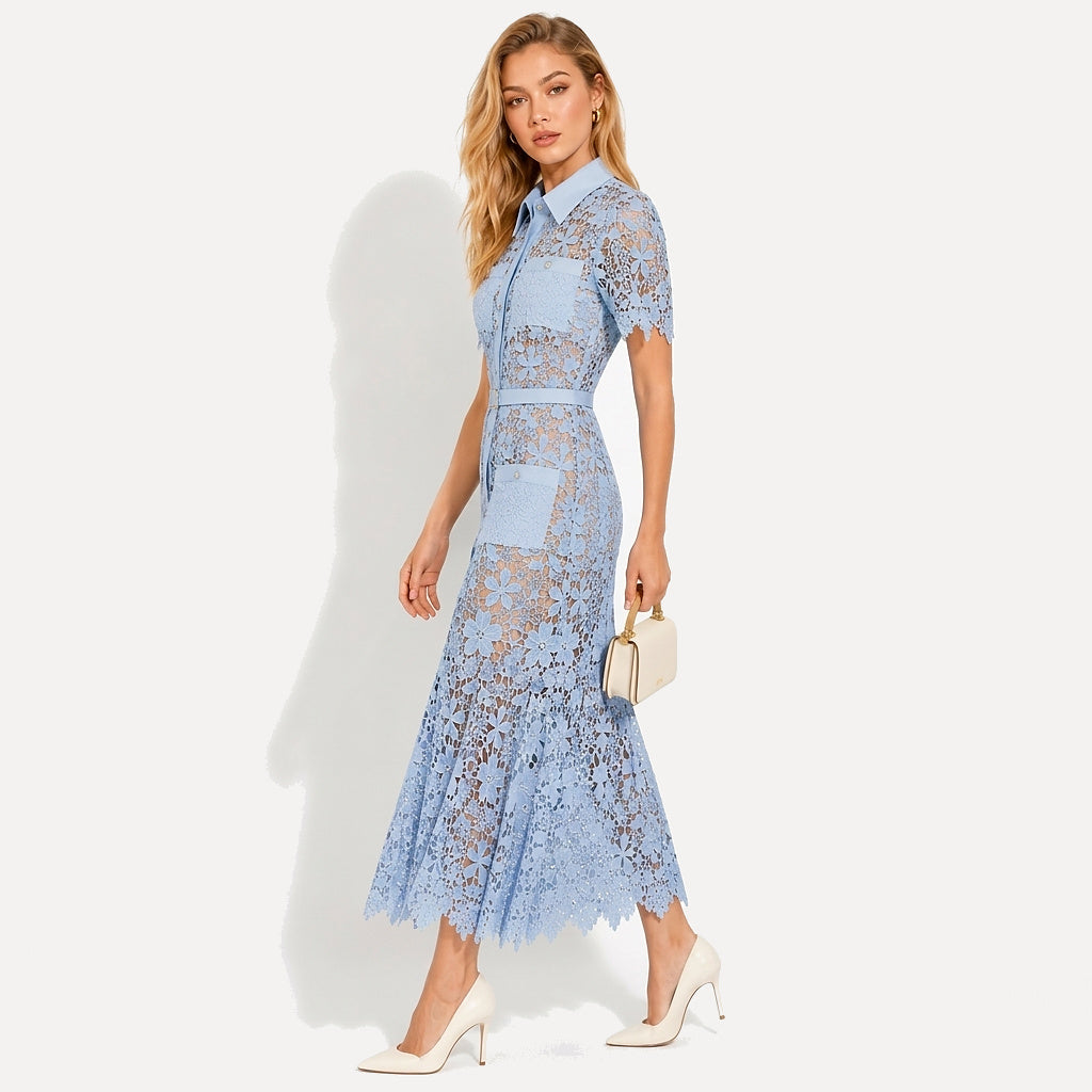 Femme Robe Midi Dentelle Florale Manches Courtes Ceinture Poches 9