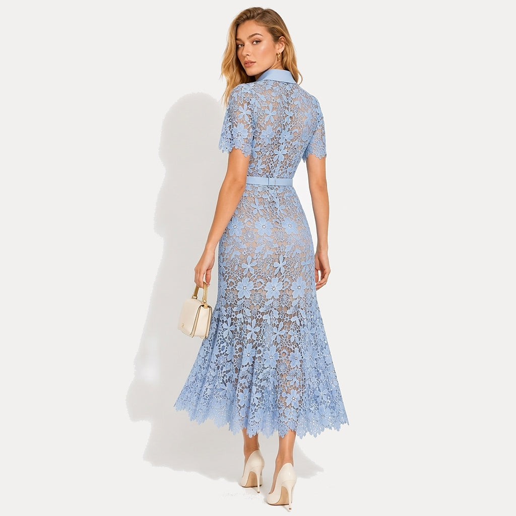 Femme Robe Midi Dentelle Florale Manches Courtes Ceinture Poches 10