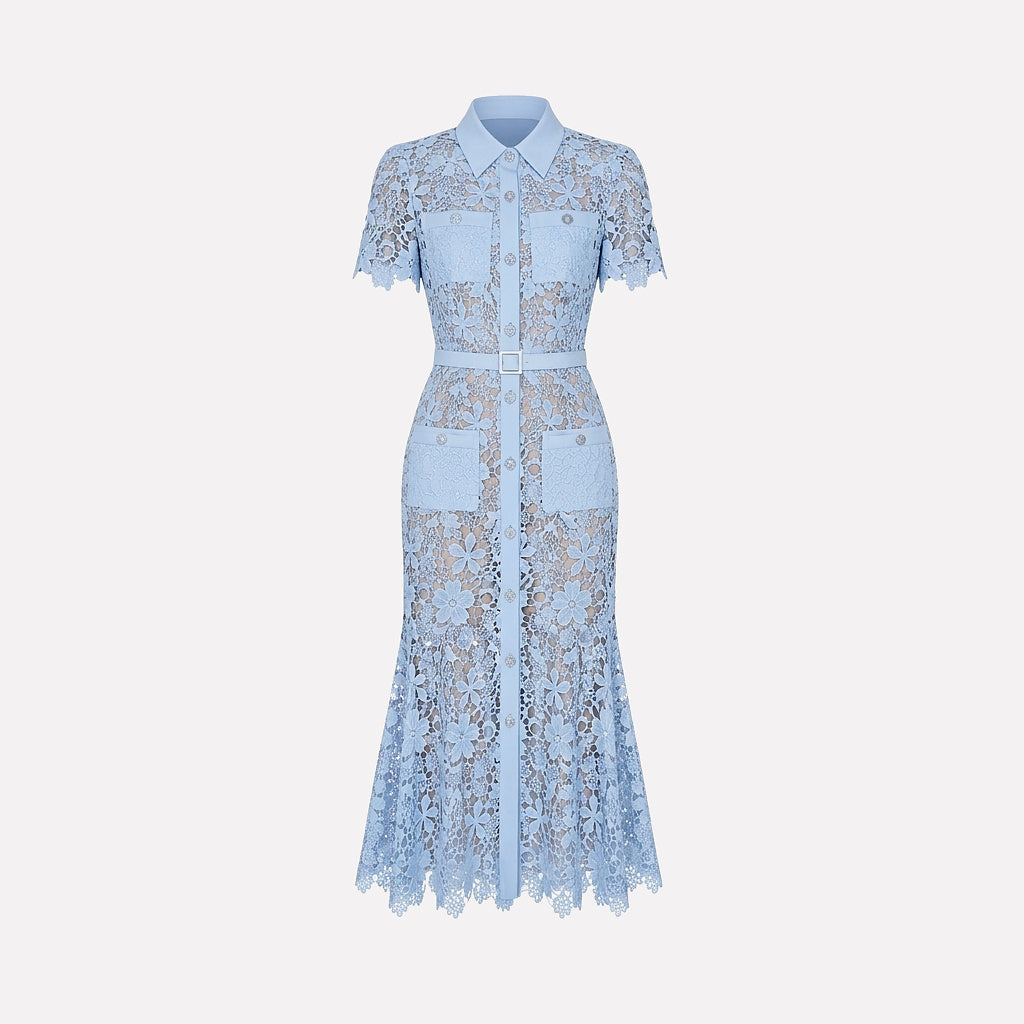 Femme Robe Midi Dentelle Florale Manches Courtes Ceinture Poches 11