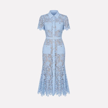 Femme Robe Midi Dentelle Florale Manches Courtes Ceinture Poches 11