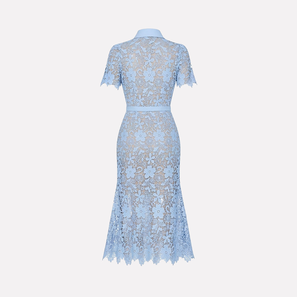 Femme Robe Midi Dentelle Florale Manches Courtes Ceinture Poches 12